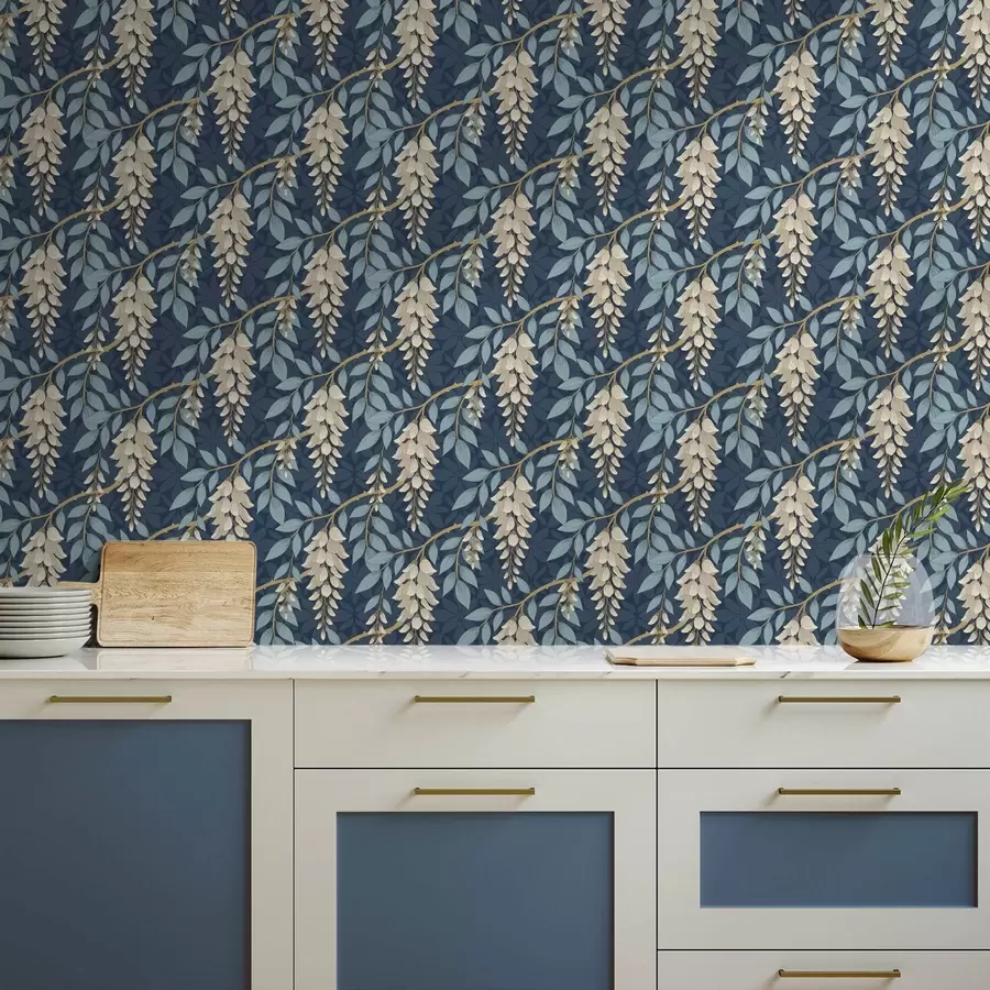 wall murals Wisteria with blue leaves on a dark blue background a00694v2