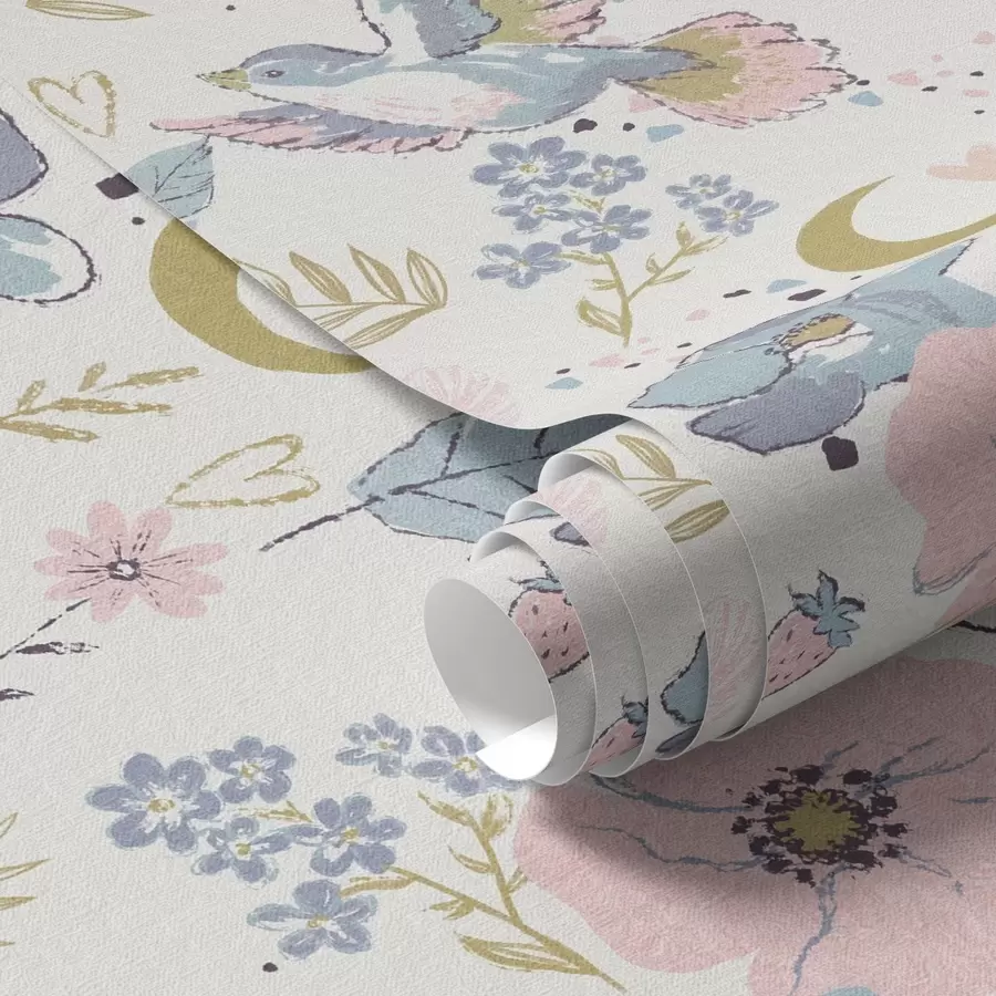 wall murals Pastel birds and flowers with crescent moons on a white background a00721