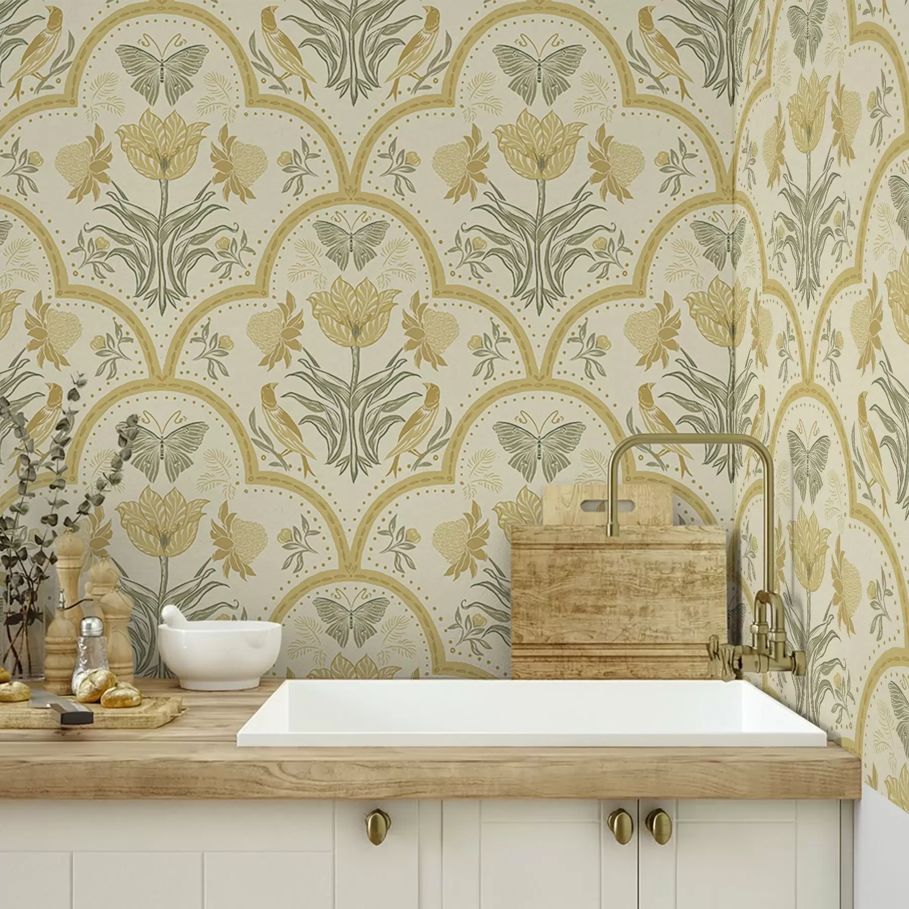 wall murals Ornament with a tulip, birds and butterflies, ochre a00722