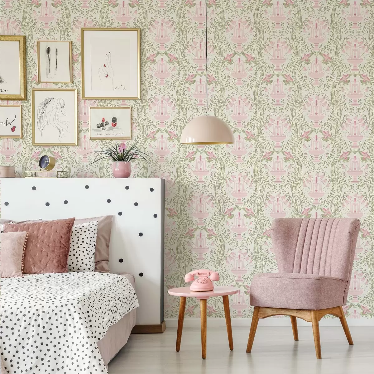 Wallpaper Fountains, hummingbirds and green scrolls on a light background a00723