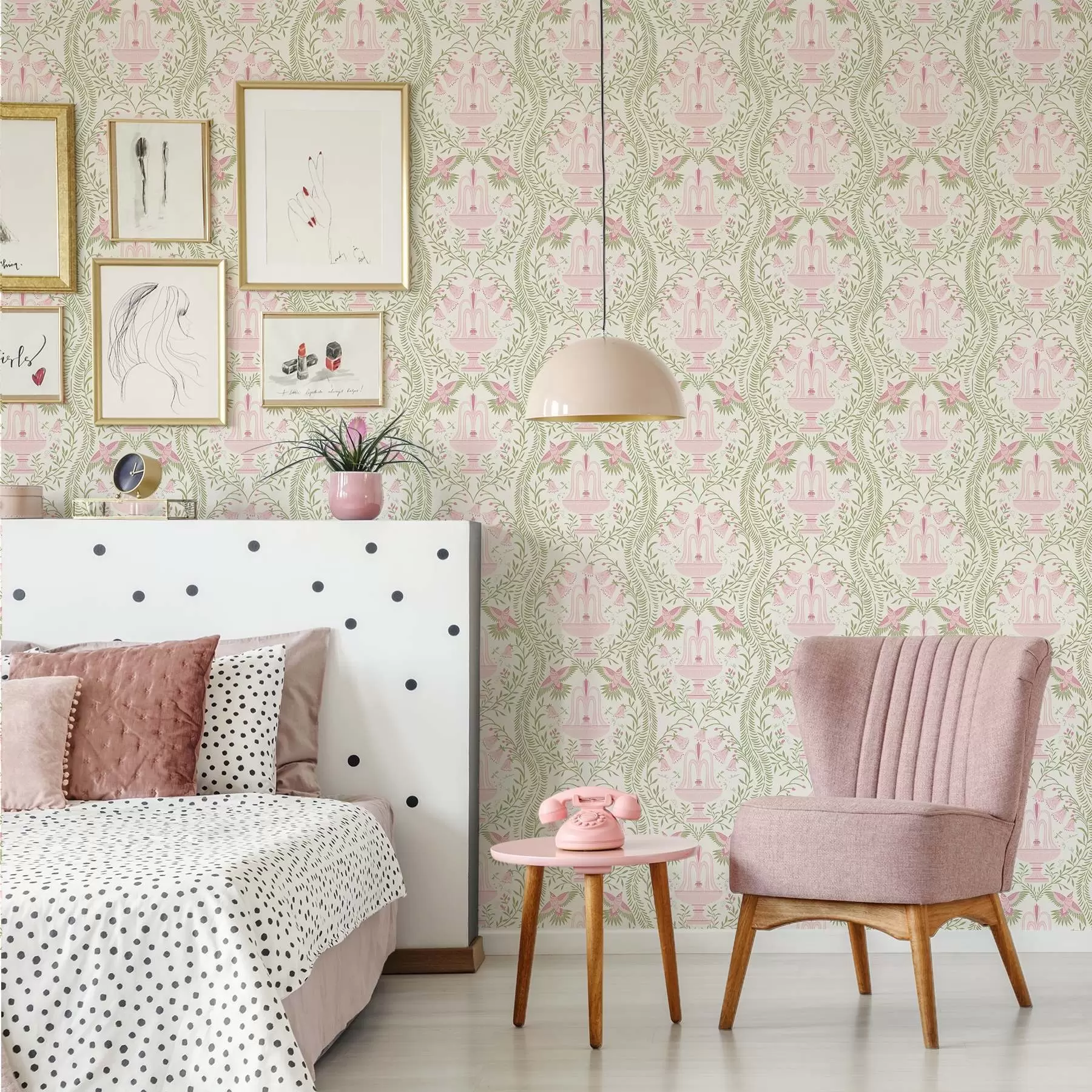 wall murals Fountains, hummingbirds and green scrolls on a light background a00723