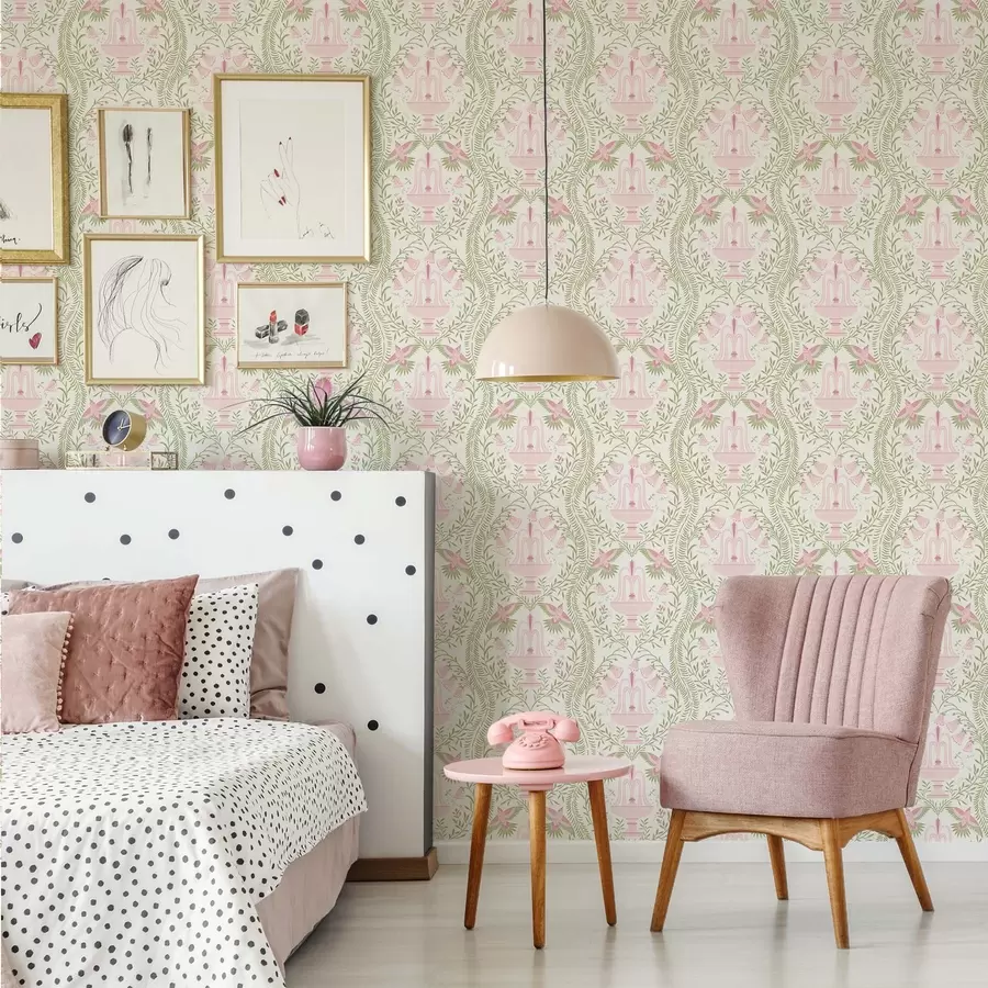 wall murals Fountains, hummingbirds and green scrolls on a light background a00723