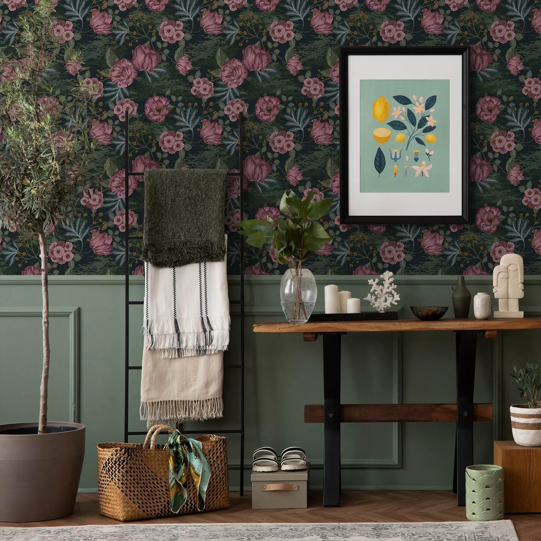 wall murals Dark flora with pink flowers and leaves, deep backdrop a00724
