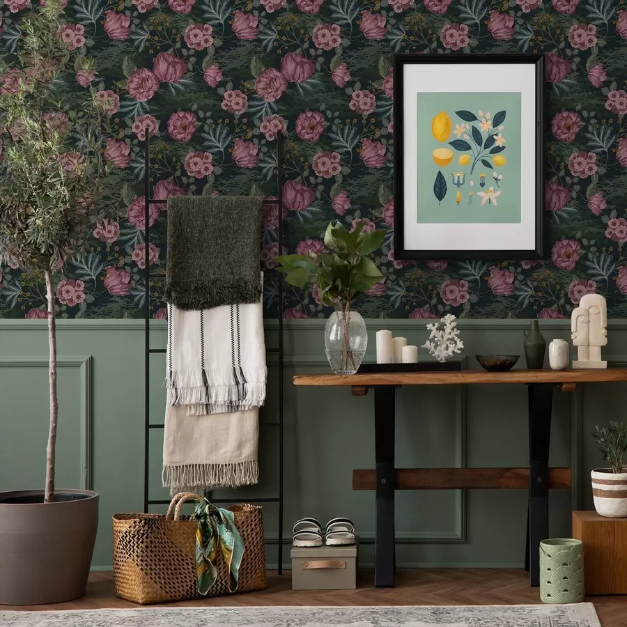 wall murals Dark flora with pink flowers and leaves, deep backdrop a00724