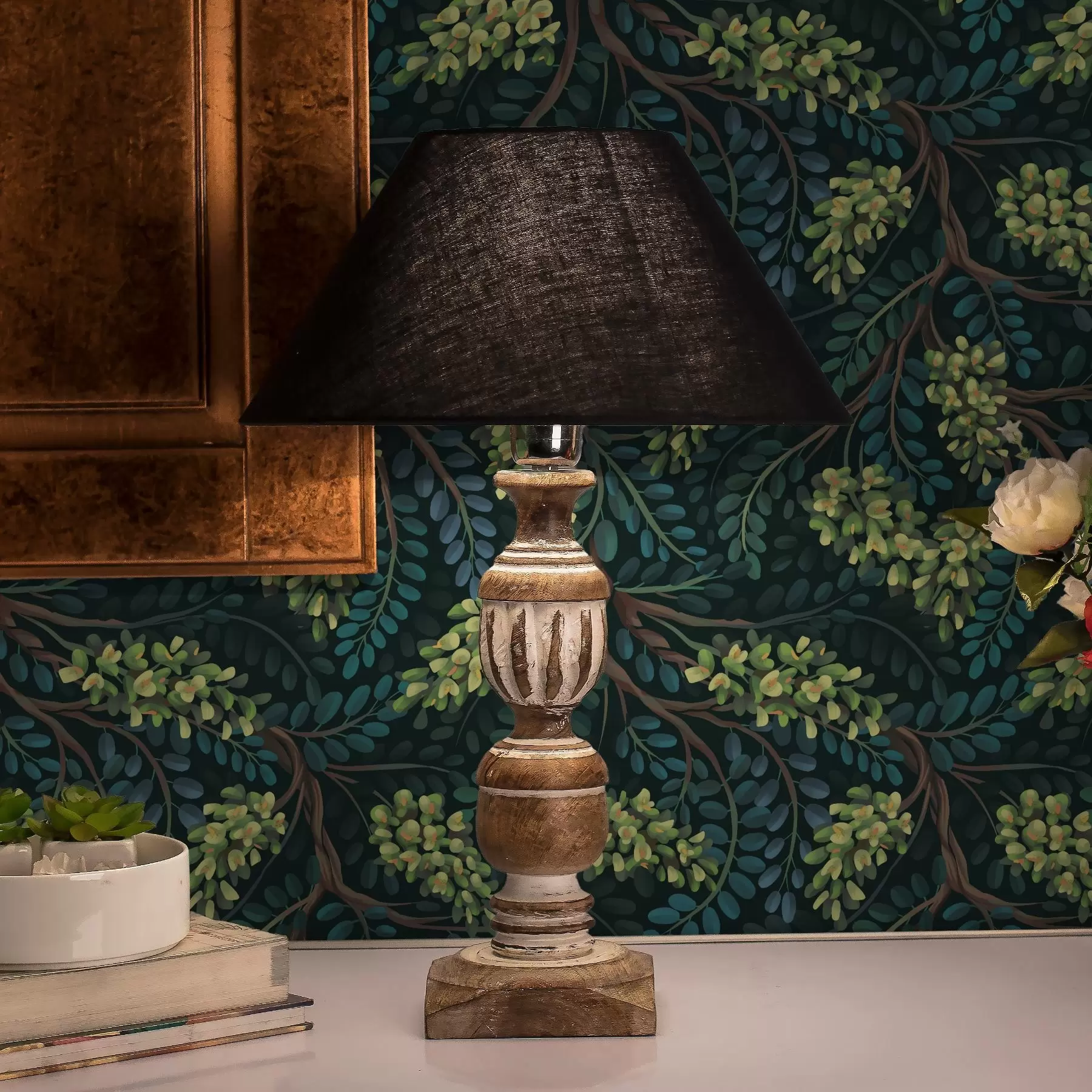 wall murals Branches with greenish inflorescences on a dark background a00786