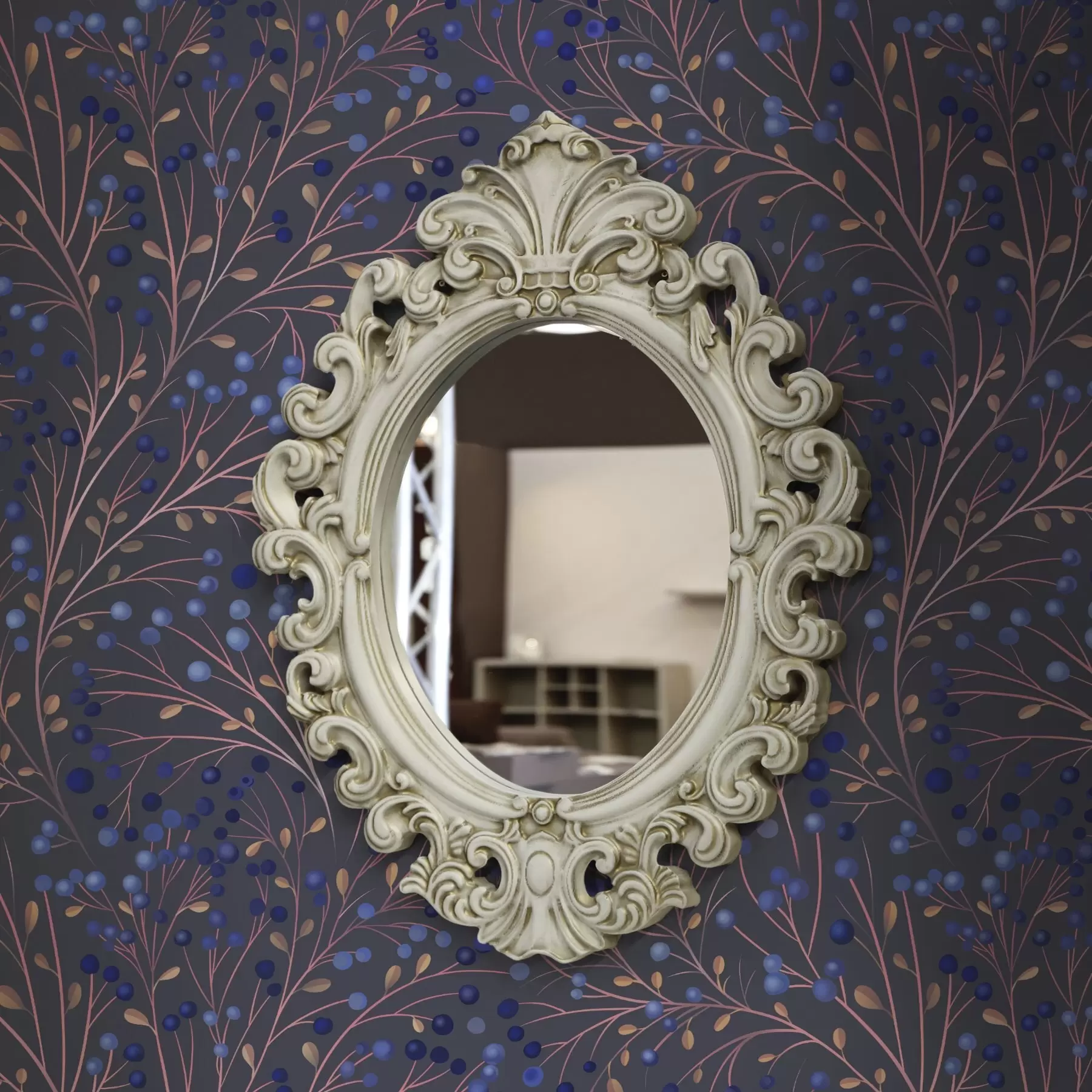 wall murals Pink-brown branches and blue berries on a graphite background a00787