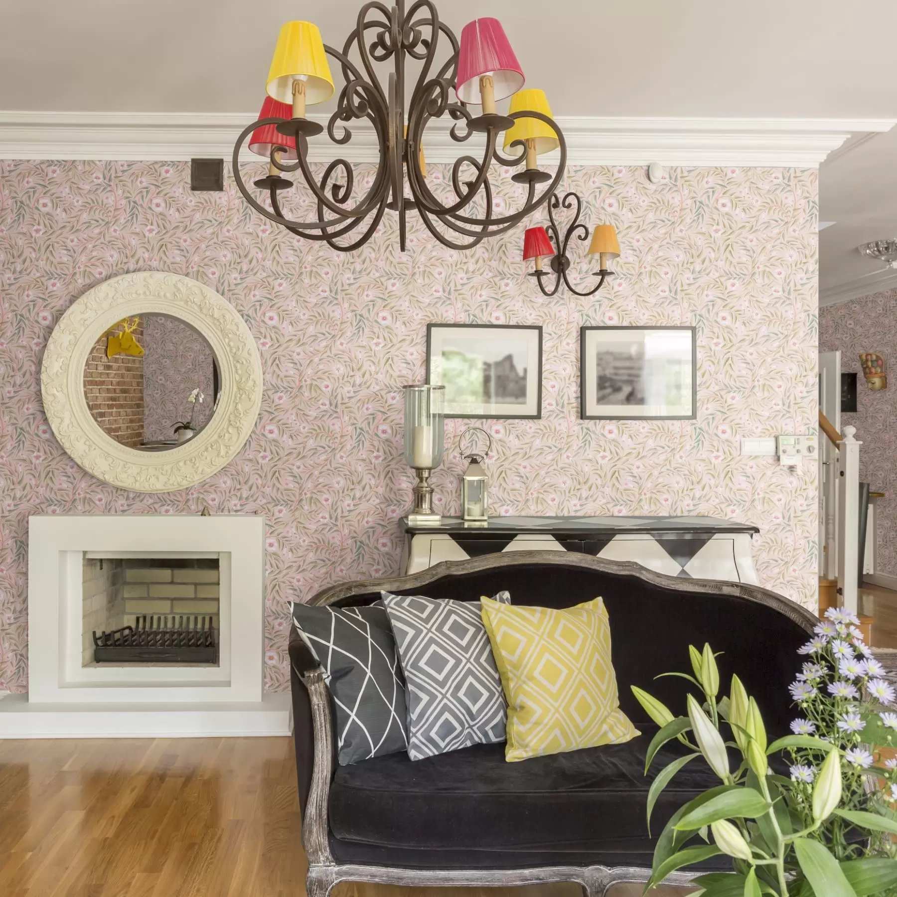 wall murals Delicate pink flowers and soft leaves on a pastel background a00788