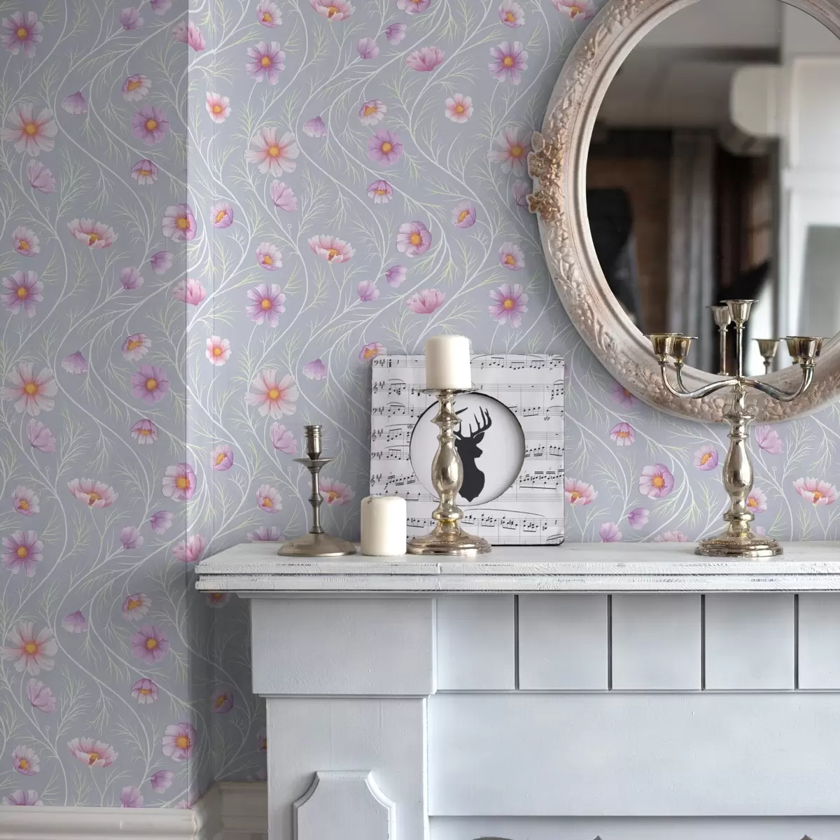 Wallpaper Pink cosmos and slender stems on a gray background a00791