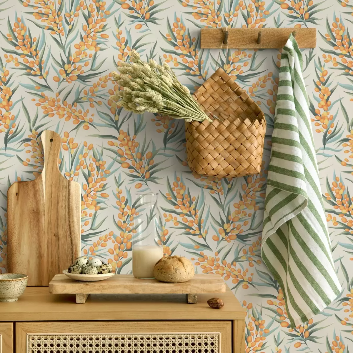 Wallpaper Sea buckthorn branches with orange berries, light background a00792