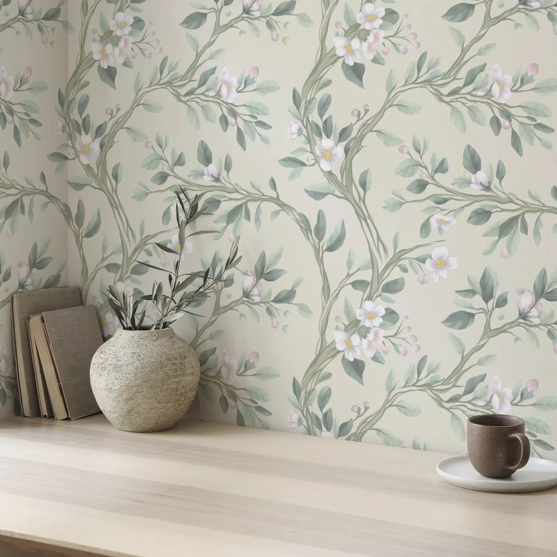 wall murals Delicate blooming branches on a cream background, pastel a00793