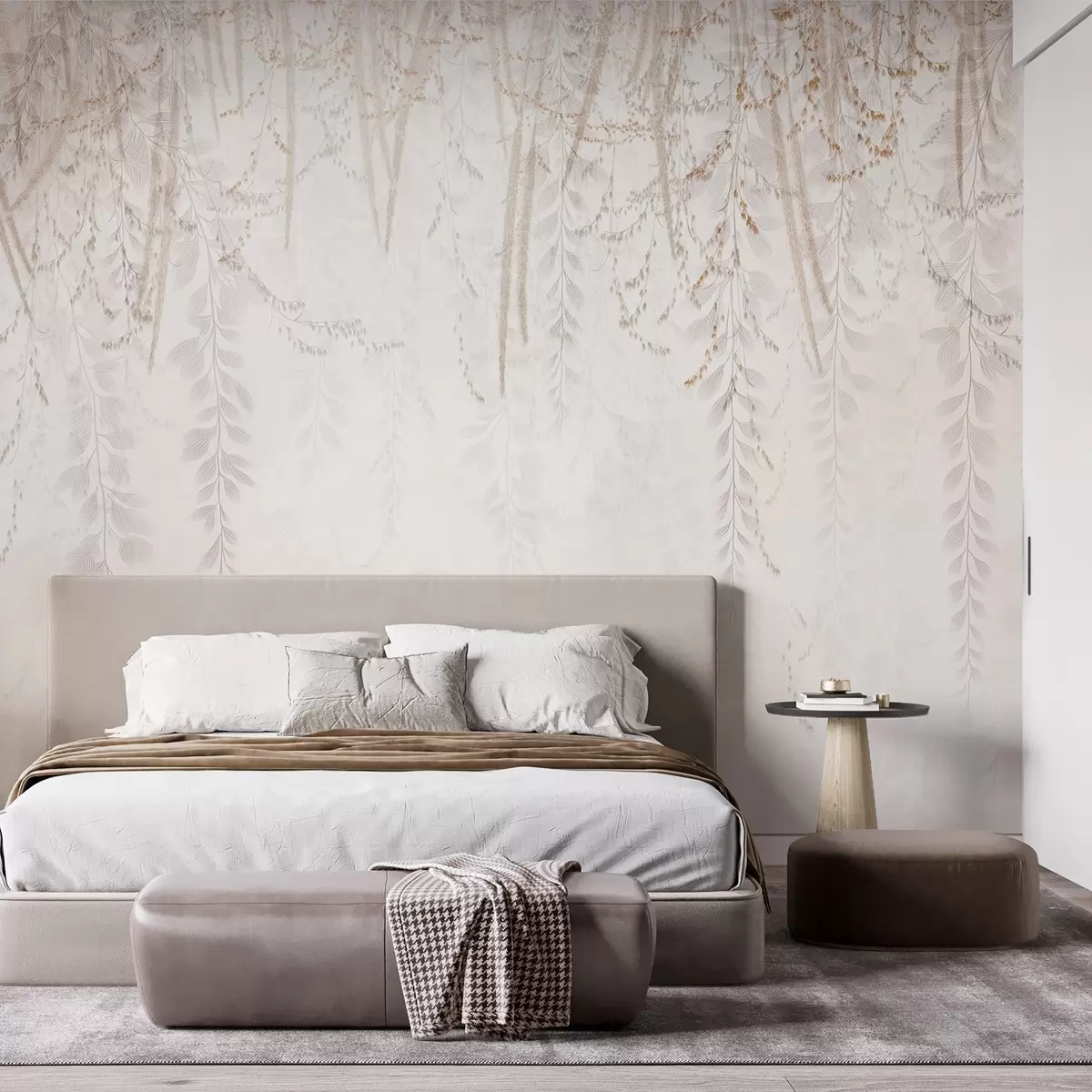 wall murals Light hanging leaves and branches in beige tones w09433