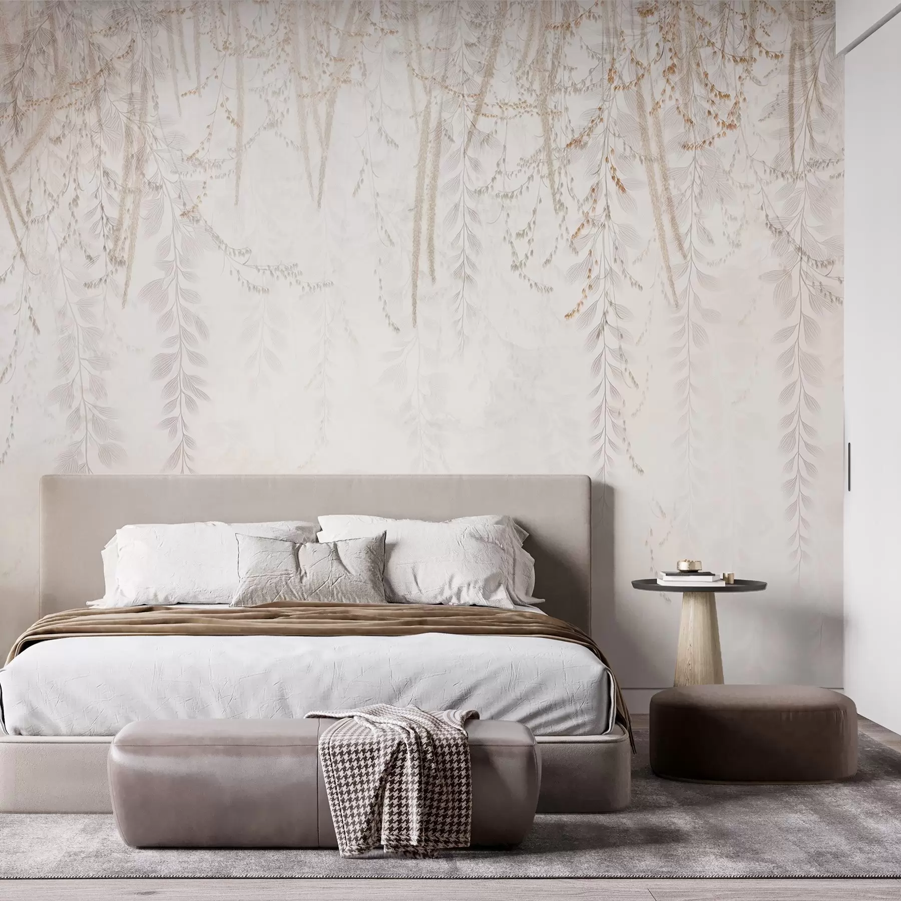 wall murals Light hanging leaves and branches in beige tones w09433
