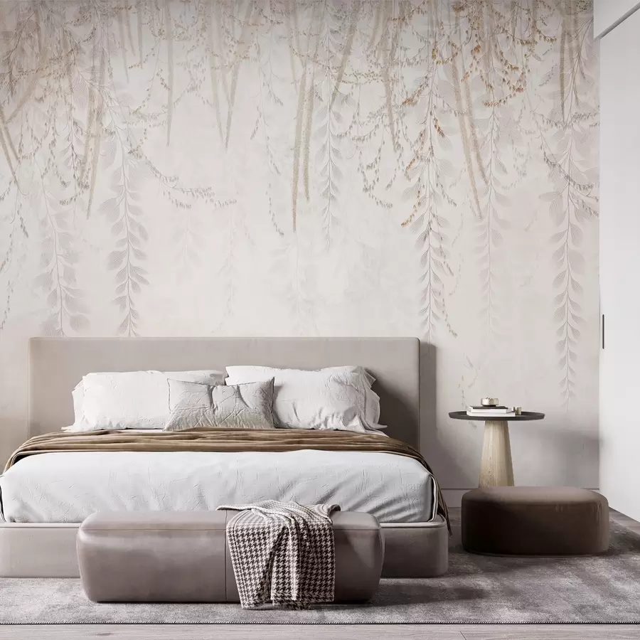 wall murals Light hanging leaves and branches in beige tones w09433