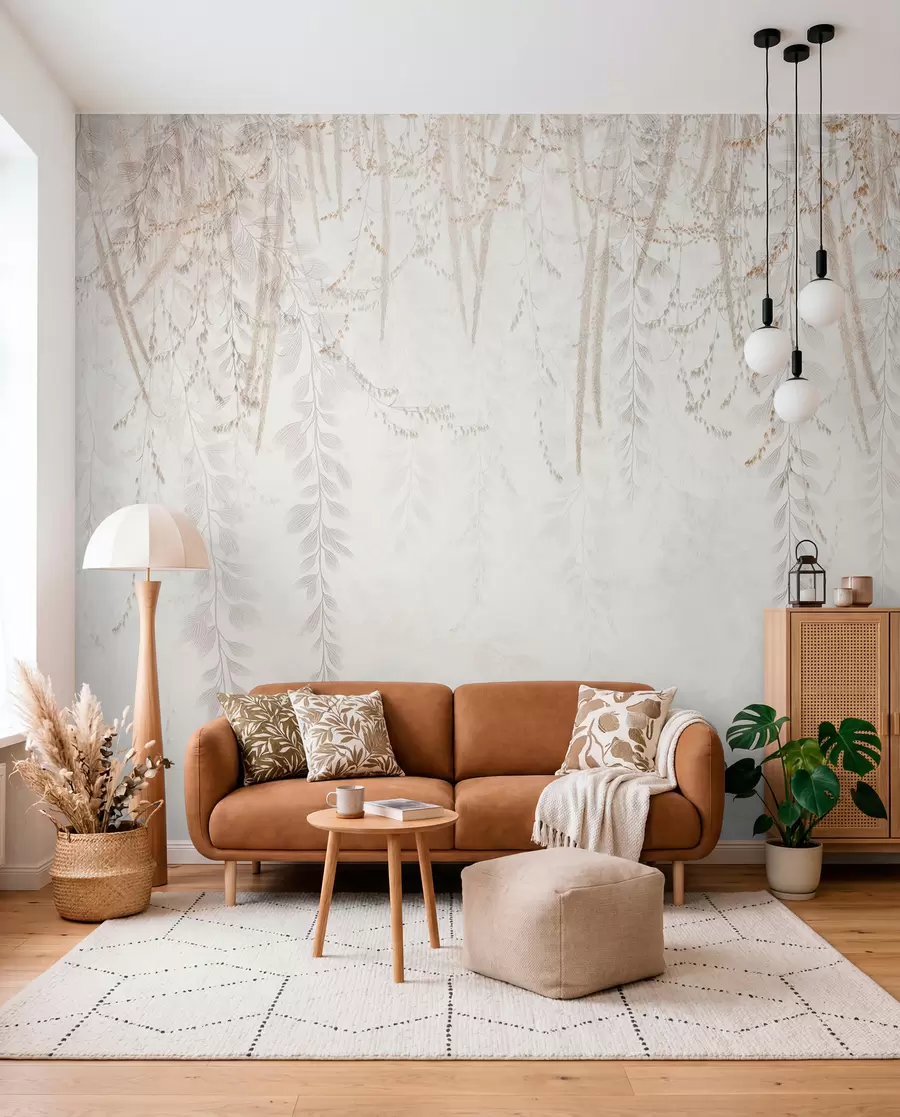 wall murals Light hanging leaves and branches in beige tones w09433