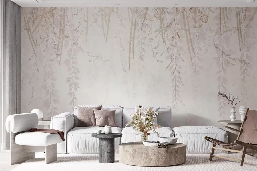 wall murals Light hanging leaves and branches in beige tones w09433