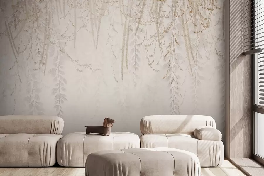 wall murals Light hanging leaves and branches in beige tones w09433