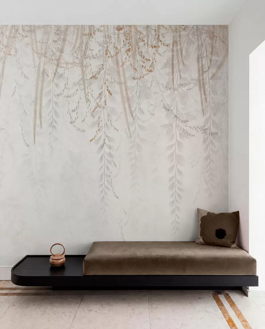 wall murals Light hanging leaves and branches in beige tones w09433