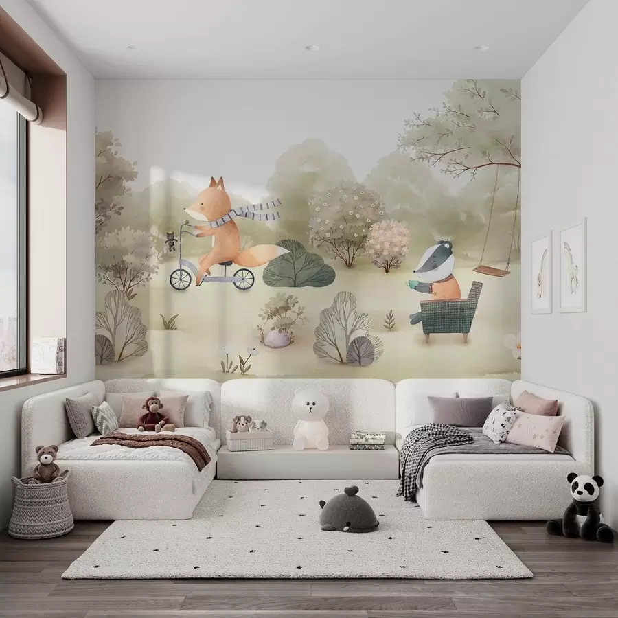 wall murals Fox on a bicycle and badger with tea, forest animals in watercolor style w09439