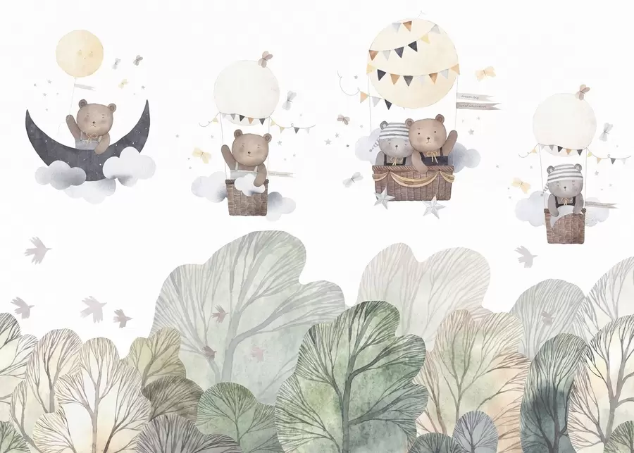 wall murals Watercolor-style balloons with bears over the forest w09437