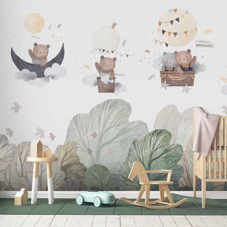 wall murals Watercolor-style balloons with bears over the forest w09437