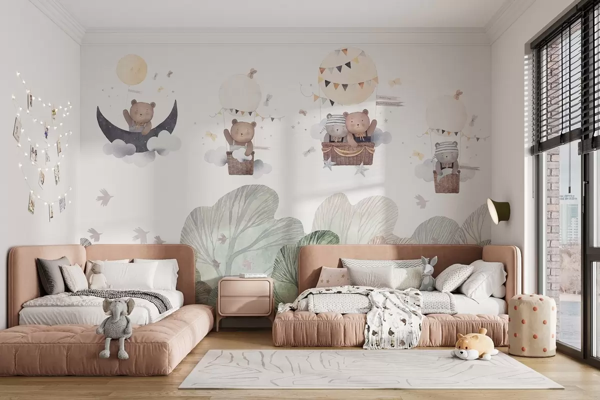 wall murals Watercolor-style balloons with bears over the forest w09437