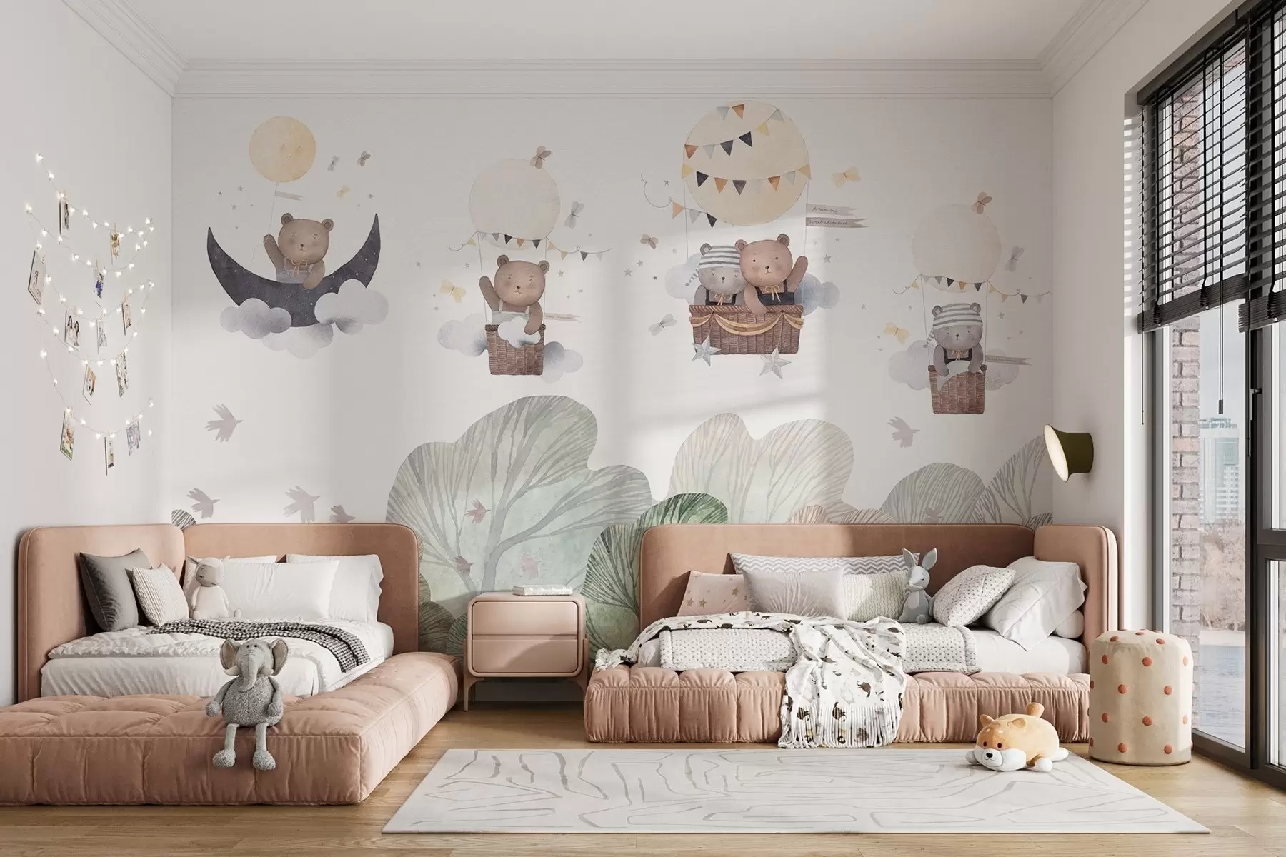 wall murals Watercolor-style balloons with bears over the forest w09437