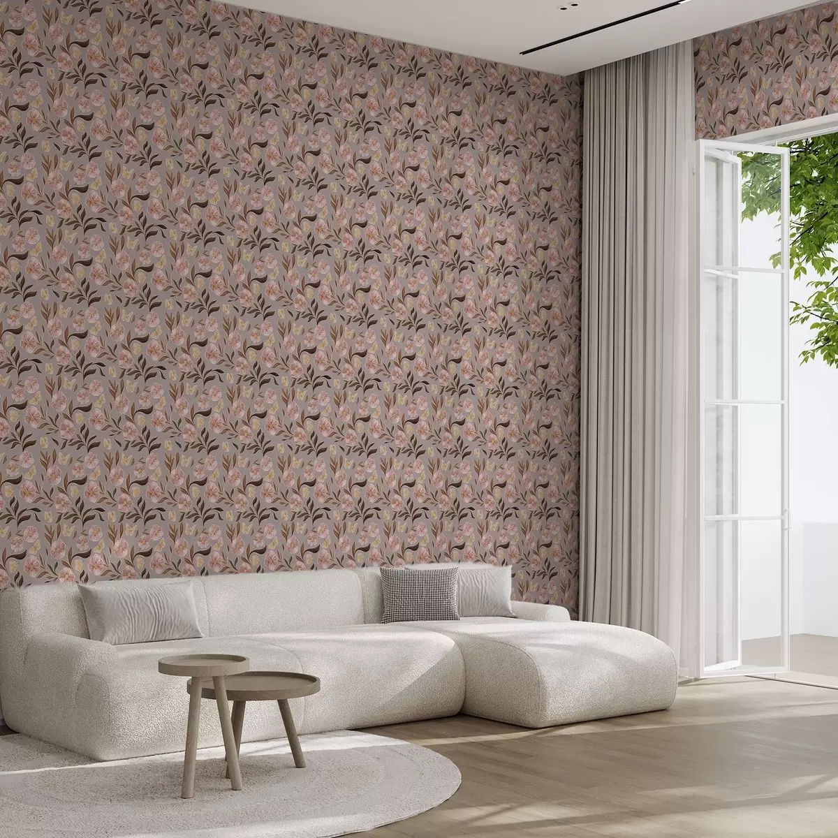 Wallpaper Pink flowers and butterflies on a gray-beige background a00633