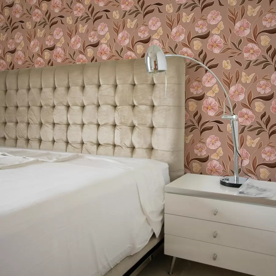 wall murals Pink flowers and butterflies on a warm brown background a00633v1