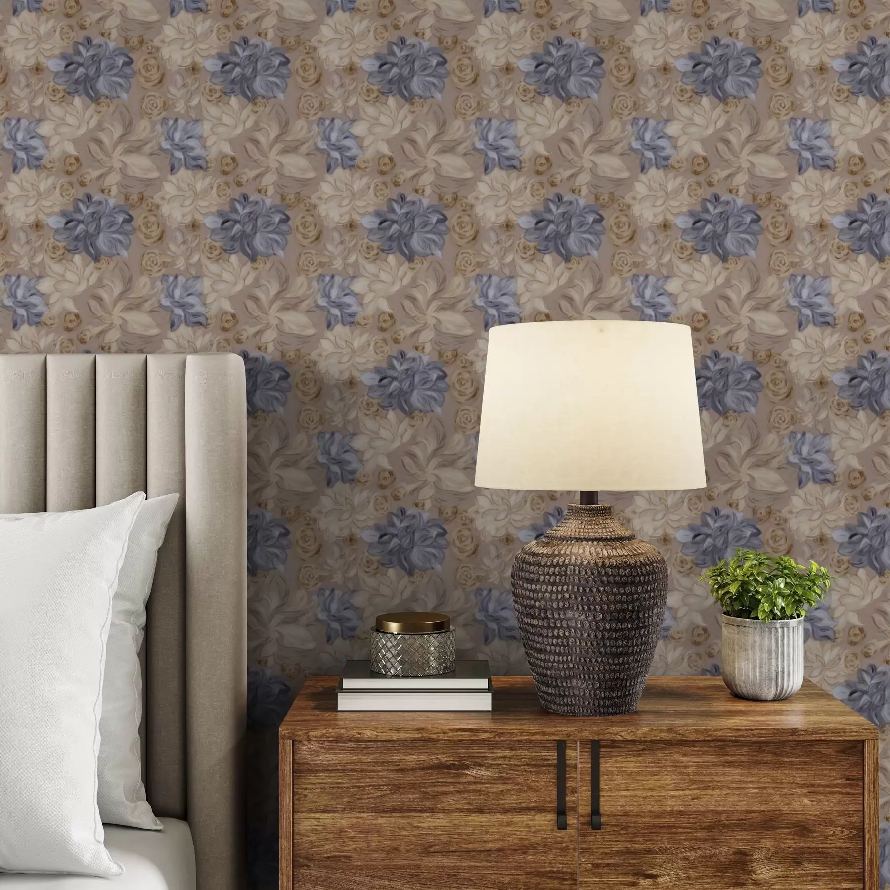 wall murals Lush cream and blue flowers in a pastel palette a00634