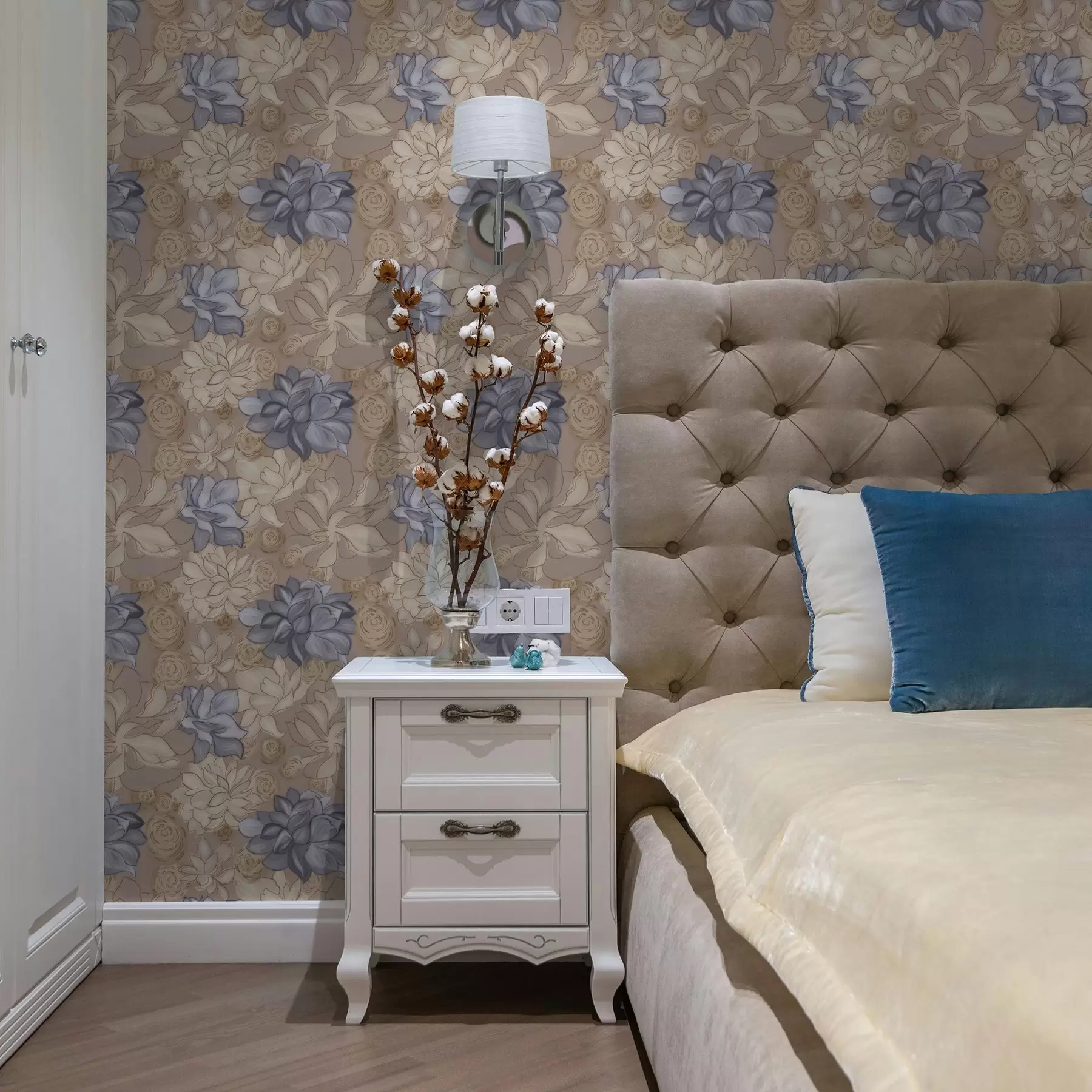 wall murals Cream and blue flowers on a warm beige background a00634v1