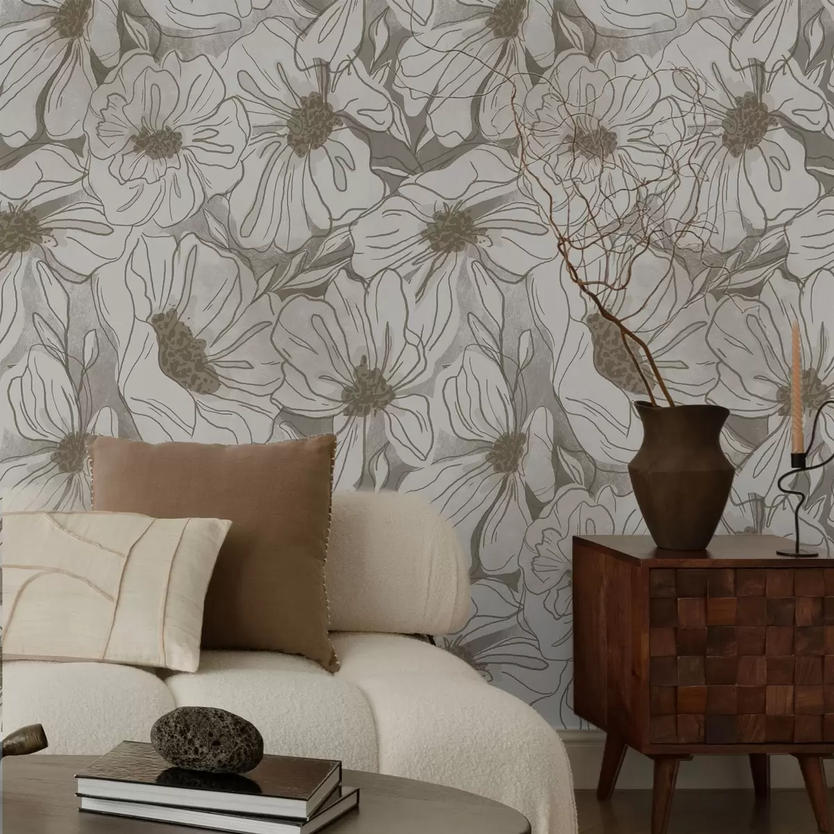 Wallpaper Linear flowers in a monochrome beige-gray palette a00636