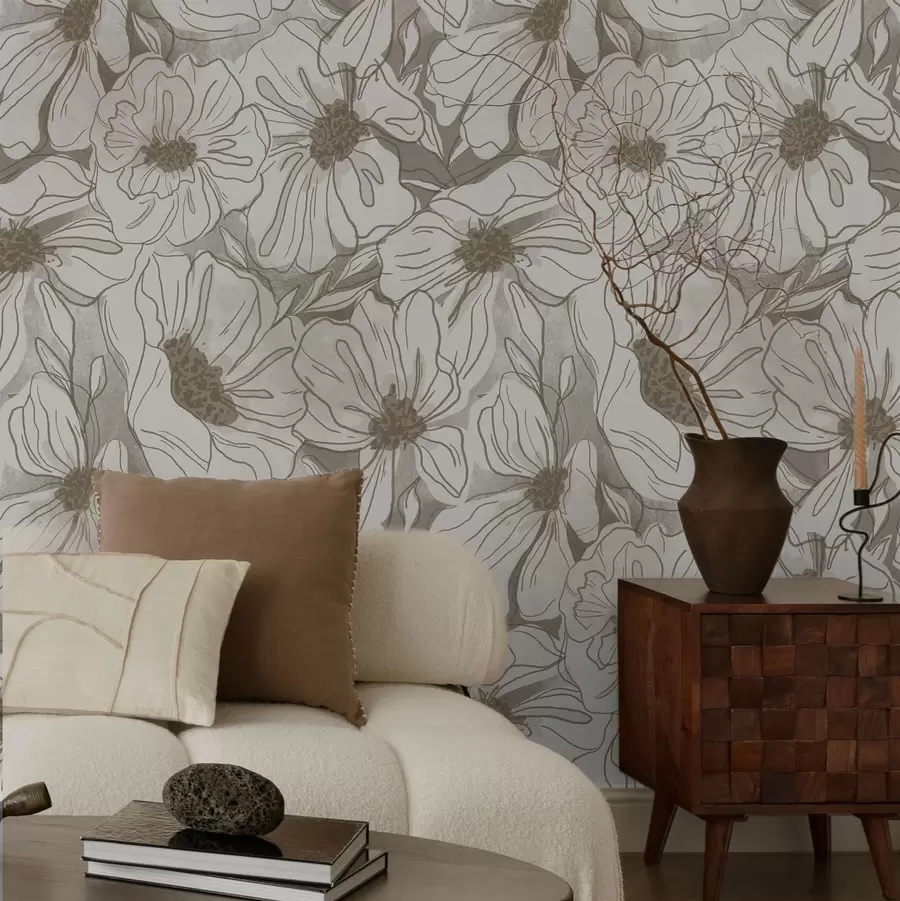 wall murals Linear flowers in a monochrome beige-gray palette a00636