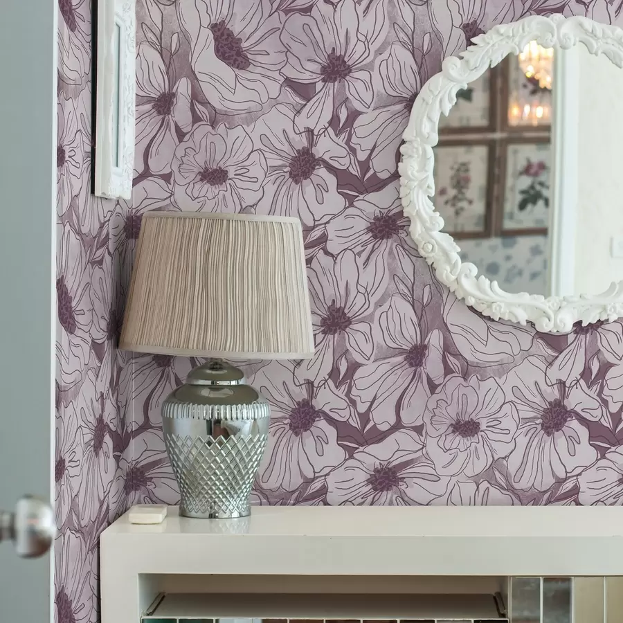 wall murals Linear flowers in a cool lilac-pink palette a00636v1