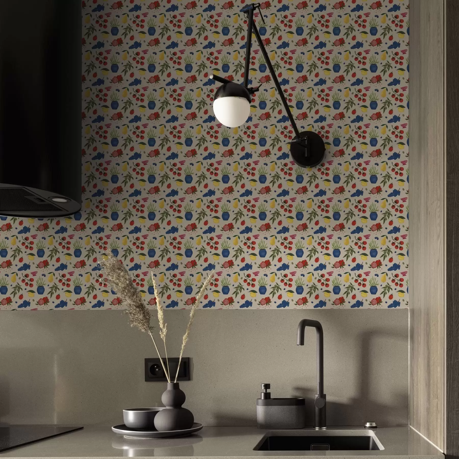 wall murals Vibrant pattern with fruits, branches, and vases a00637