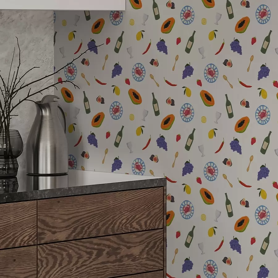 wall murals Arranged fruits, wine, and spices on a light background a00639