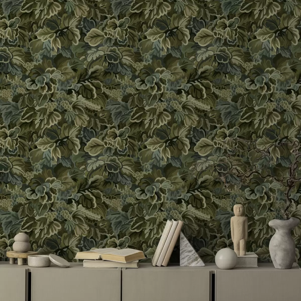 Wallpaper Dense grape leaves in a deep green palette a00647