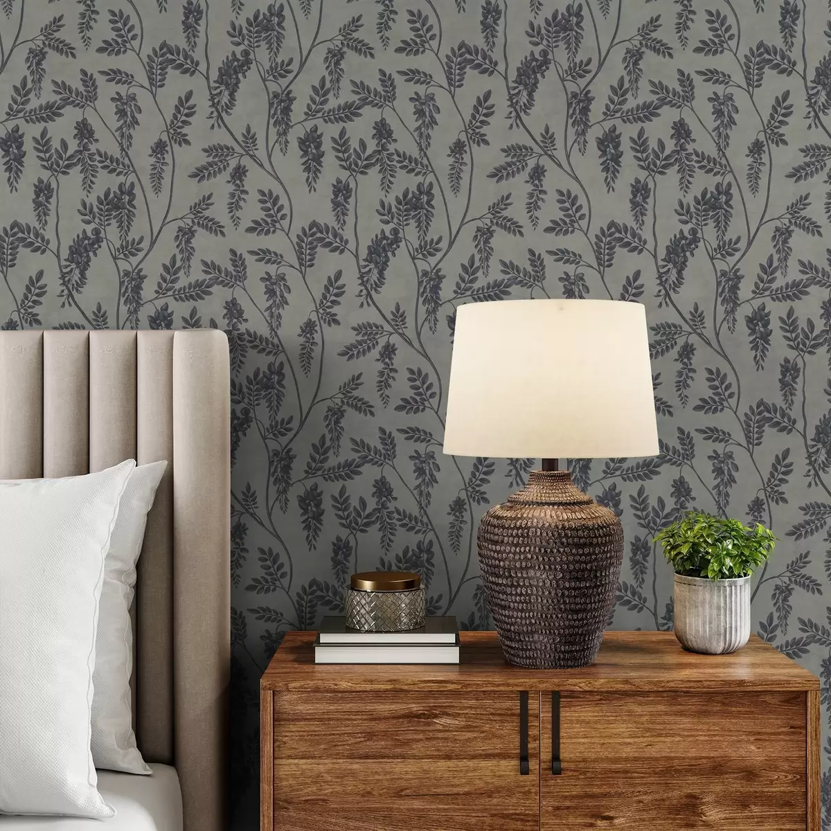 Wallpaper Branches with dark flowers on a gray-beige background a00672