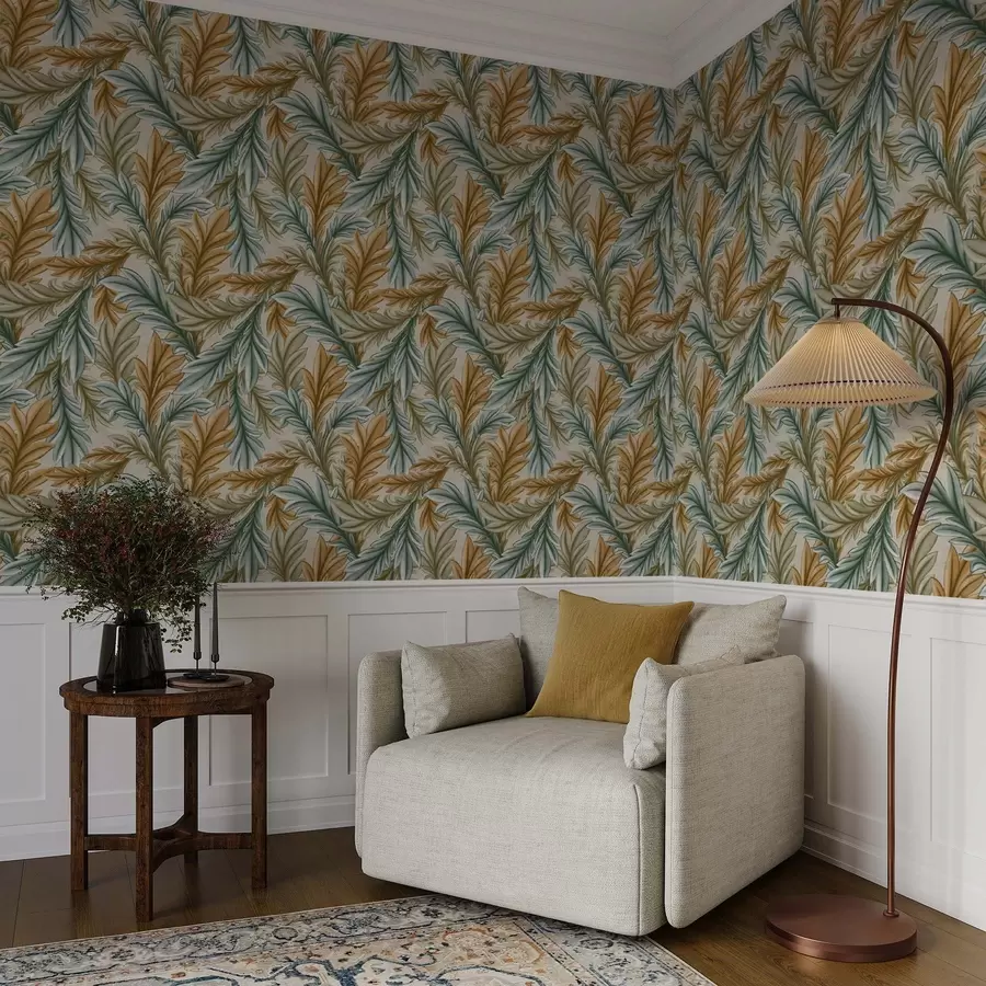 wall murals Decorative foliage in a warm ochre and green palette a00673