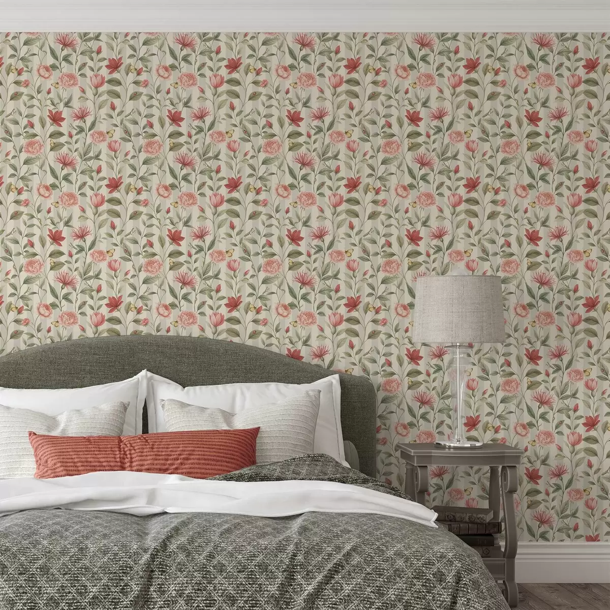 Wallpaper Floral stems with butterflies on a light background a00698