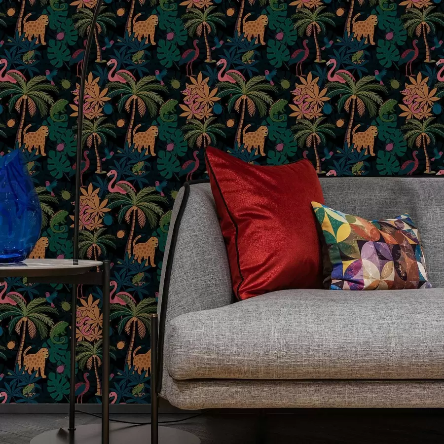 wall murals Bright tropical animals among foliage on a dark background a00701