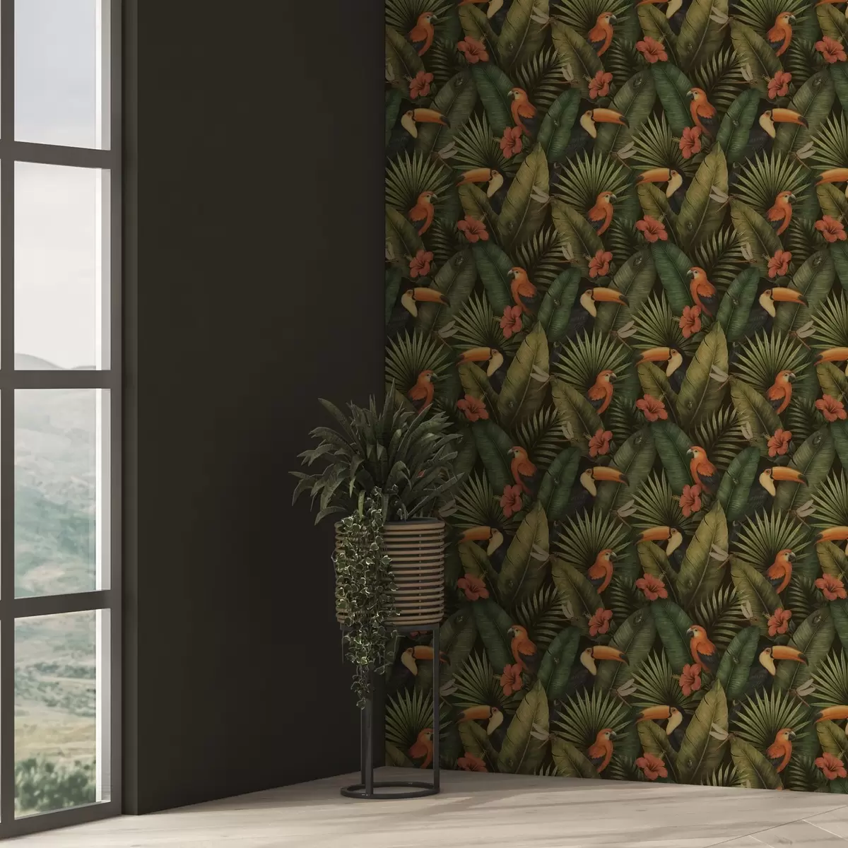 Wallpaper Toucan and parrots among tropical foliage and flowers a00702
