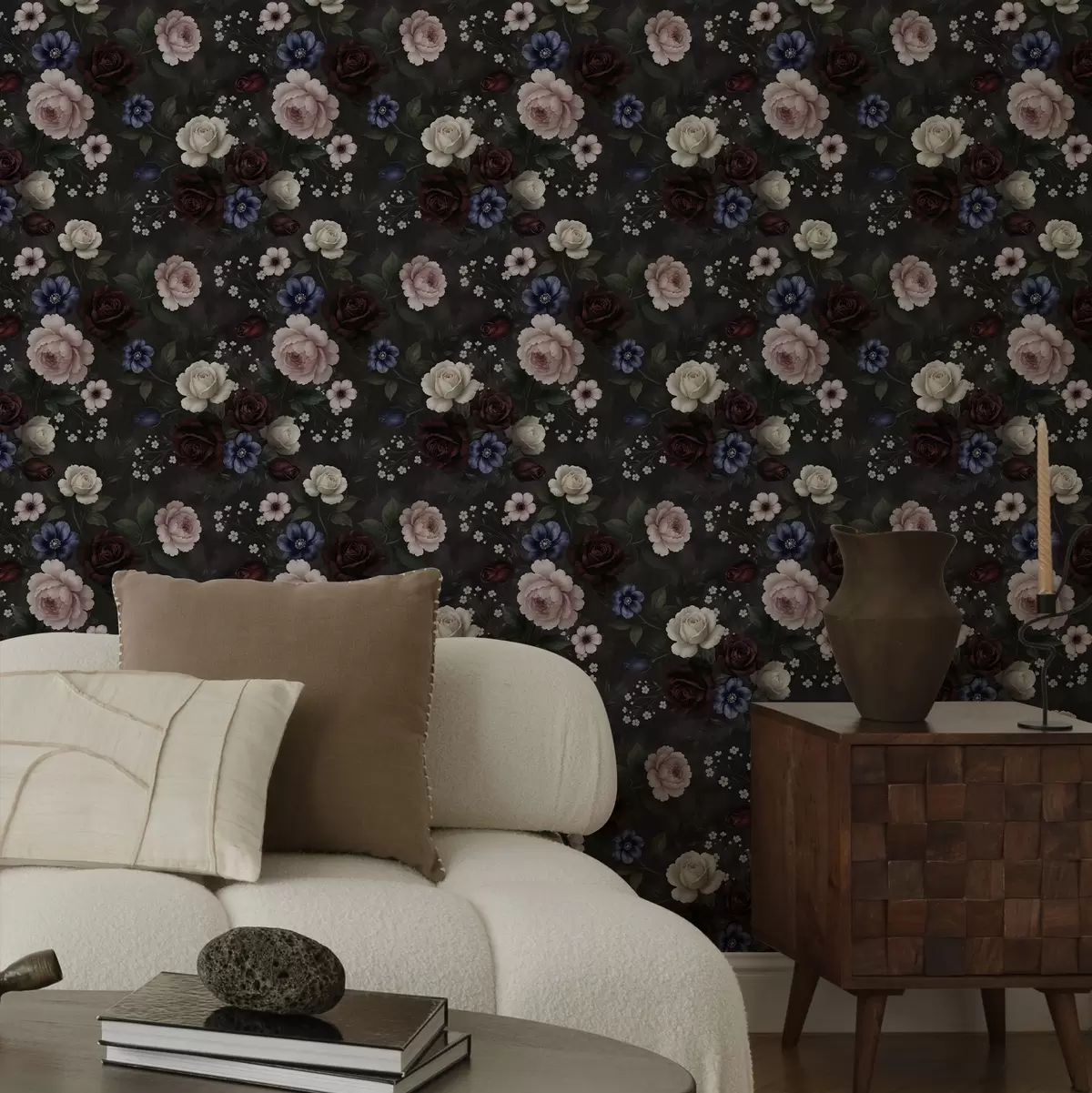 Wallpaper Dark roses, anemones, and peonies on a deep background a00704