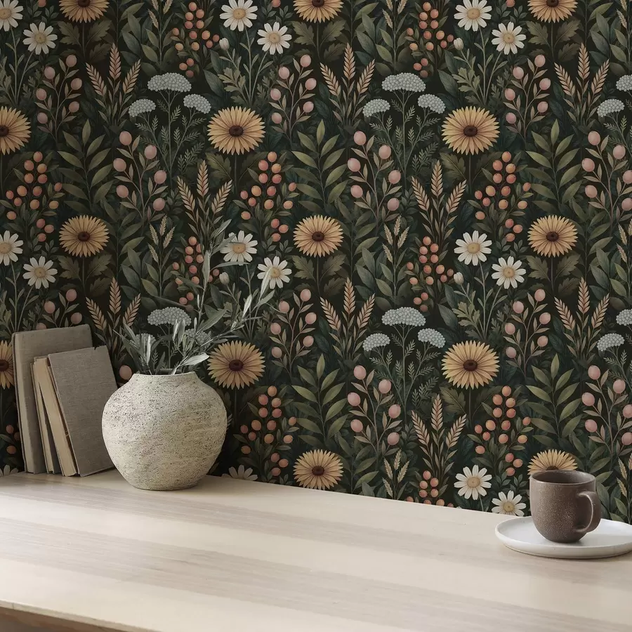 wall murals Wildflowers and berries on a dark background, natural ornament a00707