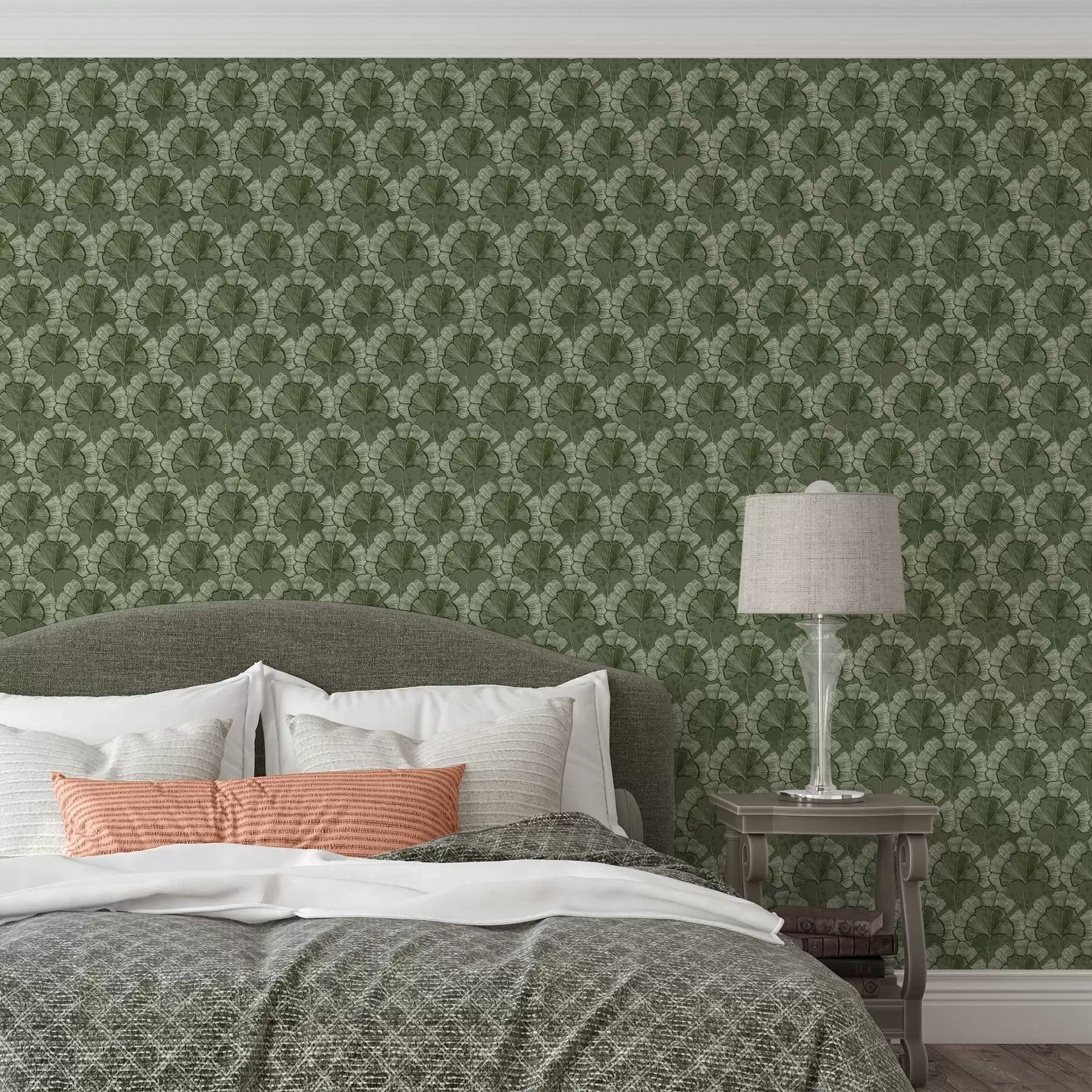 wall murals Graphic pattern with ginkgo in a cool green palette a00709