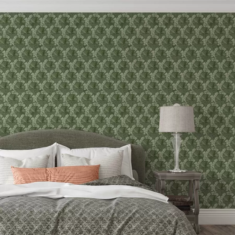 wall murals Graphic pattern with ginkgo in a cool green palette a00709