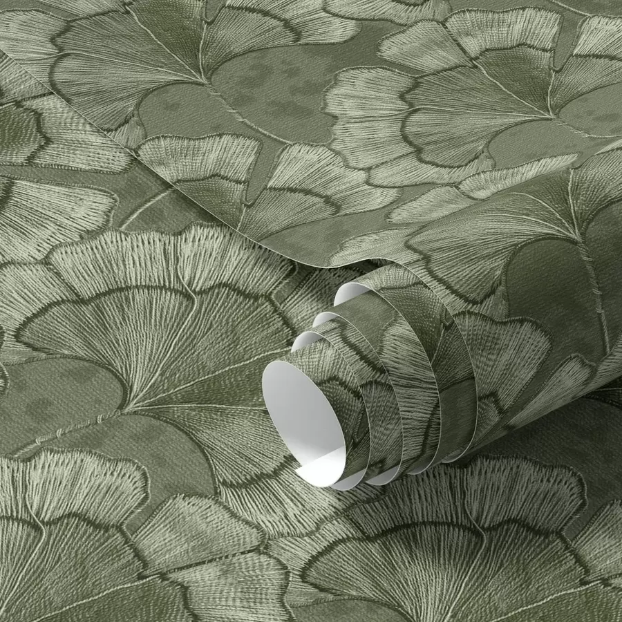 wall murals Graphic pattern with ginkgo in a cool green palette a00709