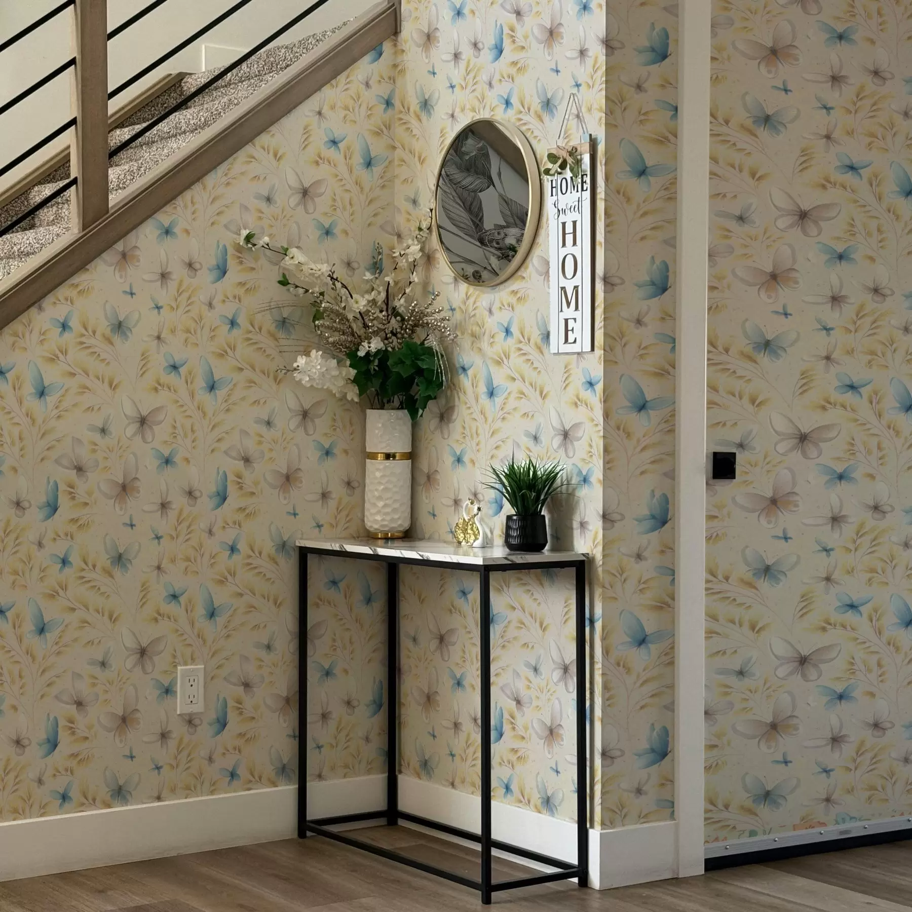 wall murals Light butterflies among yellow leaves on a light background a00795