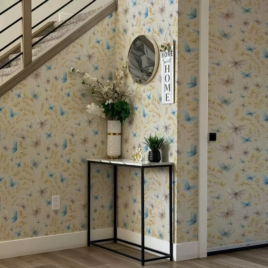 wall murals Light butterflies among yellow leaves on a light background a00795