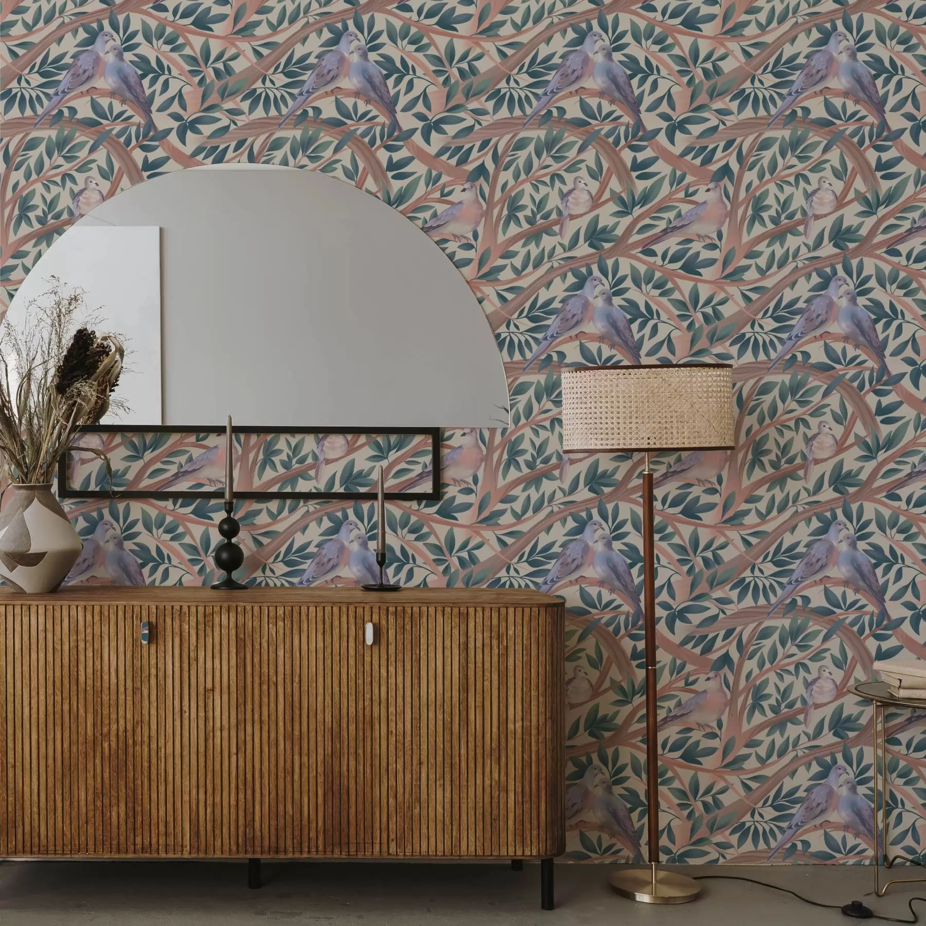 wall murals Doves among branches and leaves in a soft pastel palette a00796