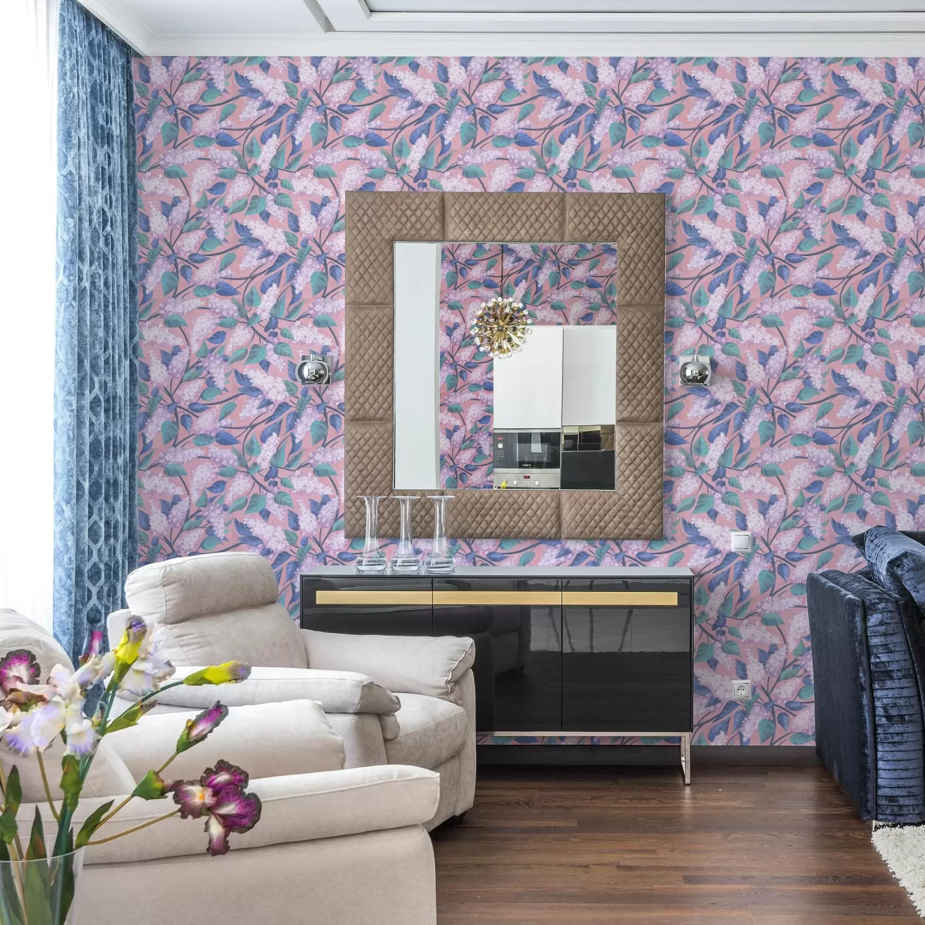 wall murals Delicate lilac flowers on a pink background, spring mood a00797